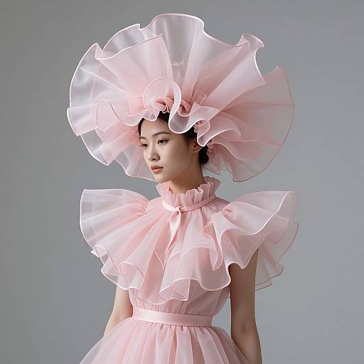 Photograph of an Asian woman in a pink, ruffled, Victorian-style dress with a large, frilled hat, against a gray background.
