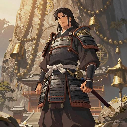Anime Samurai Warrior at Cliffside Shrine