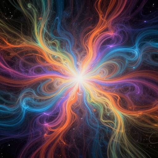 Digital art of a vibrant, luminous galaxy with swirling, colorful tendrils in red, orange, yellow, blue, and green, radiating from
