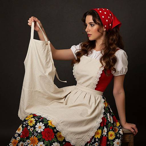 Photograph of a brunette woman in vintage red dress, white apron, floral skirt, and red polka-dot headscarf, holding a white