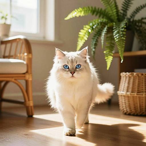 Confident White Siberian Cat Indoors