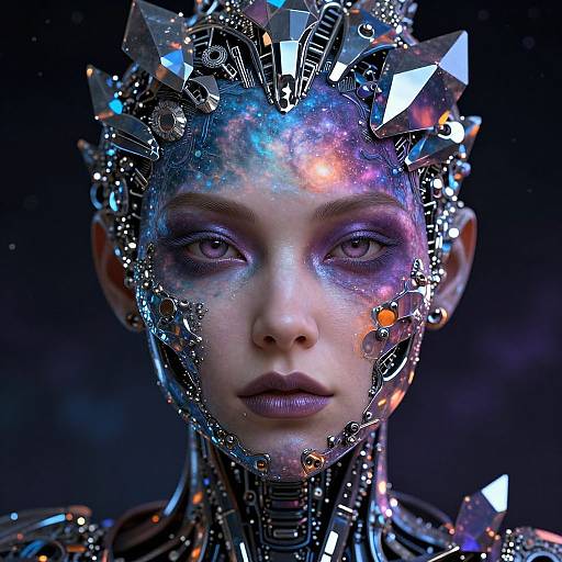 Digital art of a cybernetic woman with glowing, iridescent metallic headpiece, purple eyes, and futuristic robotic neck, set against a dark