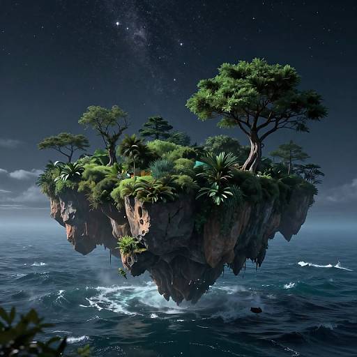 Photorealistic digital artwork of a floating island with lush green trees and plants, suspended above a dark, starry ocean.