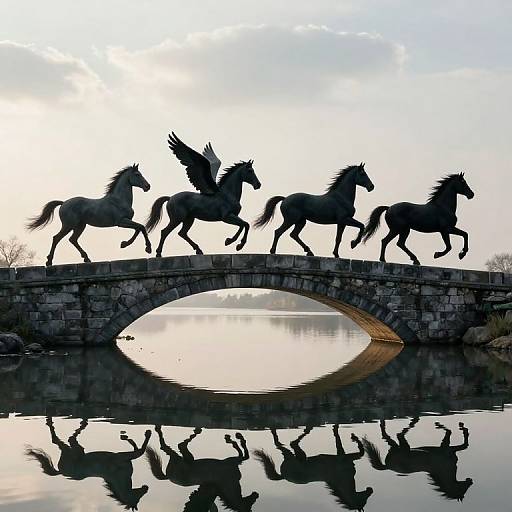 Photograph of four silhouetted winged horses galloping across a stone arch bridge, reflected in a calm, mirror-like river below,