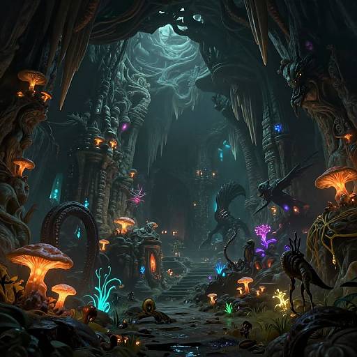 Digital fantasy artwork of a bioluminescent cave with glowing mushrooms, colorful fungi, and eerie, dark architecture beneath a glowing moonlit opening.