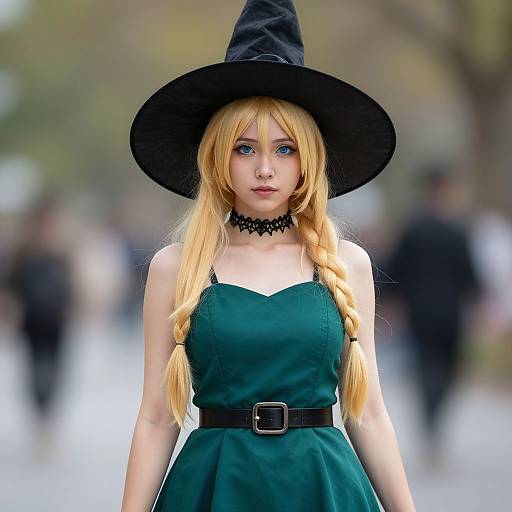 Photograph of a blonde woman in a green dress and black witch hat, with blue eyes and black choker, standing outdoors. Blurred background with