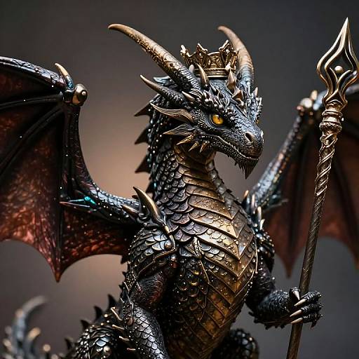 Photorealistic CGI of a fierce, black-scaled dragon with golden underbelly, sharp horns, and glowing yellow eyes, holding a spiked staff