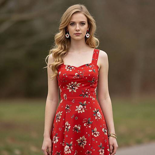 Photograph of a blonde woman with wavy hair, wearing a red floral dress, black earrings, and gold bracelet, standing outdoors.