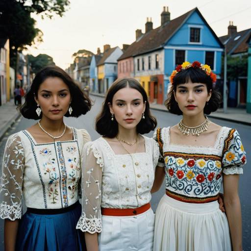 Women in Embroidered Traditional Attire on Colorful Street