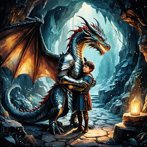 Boy hugging armored dragon in mystical cave
