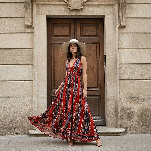 Photograph of a smiling woman in a red, patterned, sleeveless maxi dress and white sunhat, standing in front of a wooden door on