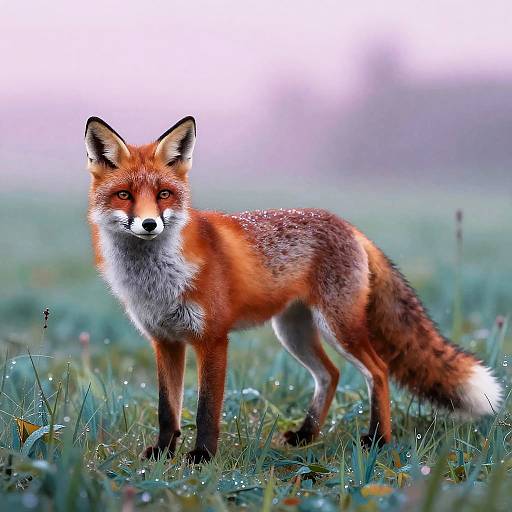 Photograph of a red fox standing in dewy grass, with vibrant orange fur, black-tipped ears, and white underbelly, set against