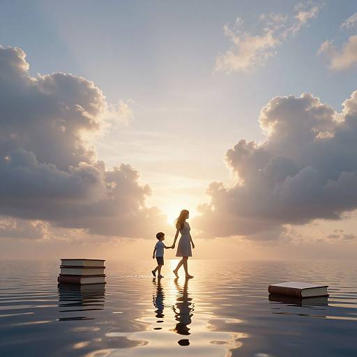 Silhouetted woman and child walk on calm water at sunset, surrounded by floating books and fluffy clouds, reflecting golden sunlight.