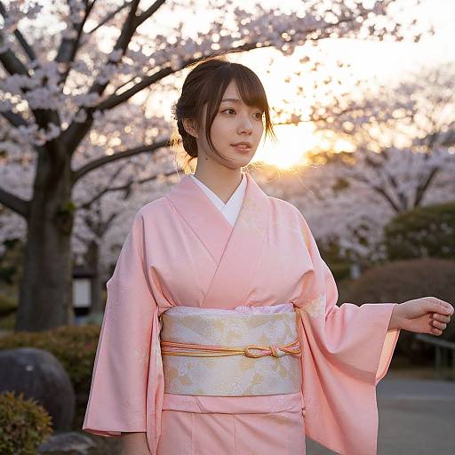Photograph of a Japanese woman in a pink kimono with a white and gold obi, standing outdoors at sunset, surrounded by cherry blossom trees.