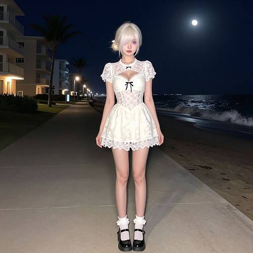 Photograph of a young woman with short blonde hair, white lace dress, black ribbon, white socks, black shoes, standing on a nighttime beach sidewalk