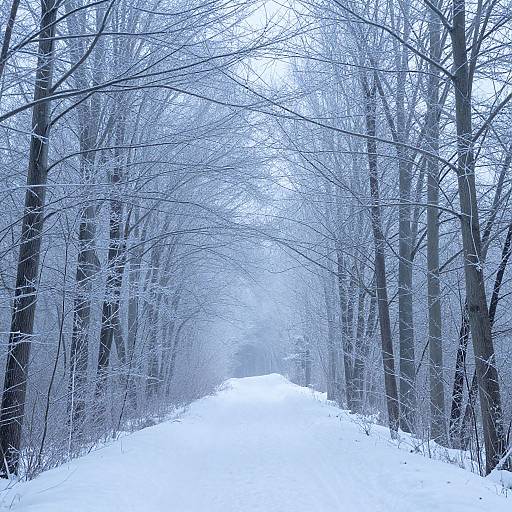 Photograph of a snow-covered forest path, flanked by tall, leafless trees with branches coated in white frost, creating a serene, winter wonder