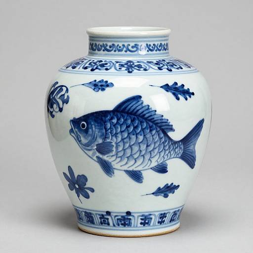 Blue and White Fish Jar Decor