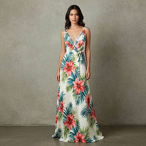 Photograph of a dark-haired woman in a sleeveless, white maxi dress with vibrant red hibiscus and green palm leaf patterns, standing against
