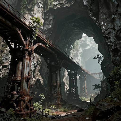 Photorealistic digital artwork of a massive, rusty, elevated bridge spanning a dark, rocky canyon with lush greenery and misty light filtering through.