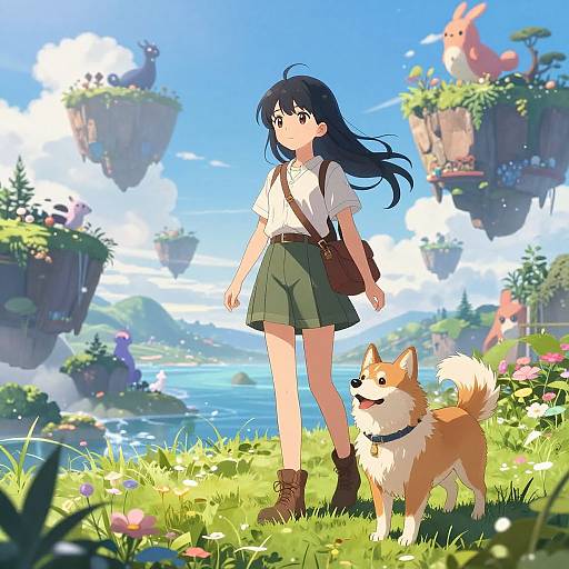 Anime-style drawing: Black-haired girl in white shirt and green skirt, brown boots, brown bag, and tan corgi, standing on grassy