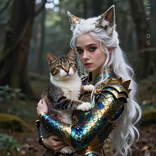 Fantasy Girl with Cat in Enchanted Forest