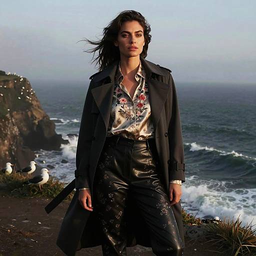 Confident Woman on Wind-Swept Coastal Cliff