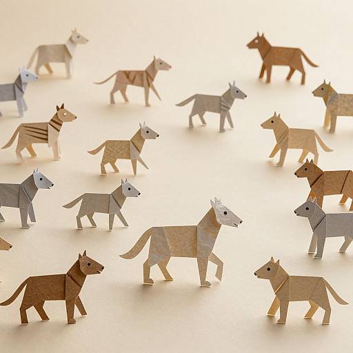 Photograph of paper origami dogs in various colors and patterns, standing in a scattered formation on a plain white background.