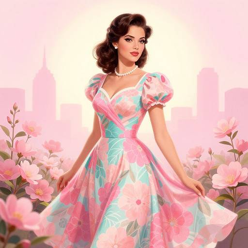 Digital illustration of a glamorous woman with wavy brown hair, wearing a pink and blue floral dress, pearl necklace, standing in a field of pink flowers