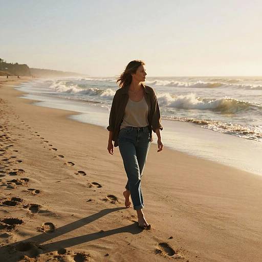 Photograph of a woman with long brown hair, wearing a black cardigan, white shirt, and blue jeans, walking barefoot on a sunlit