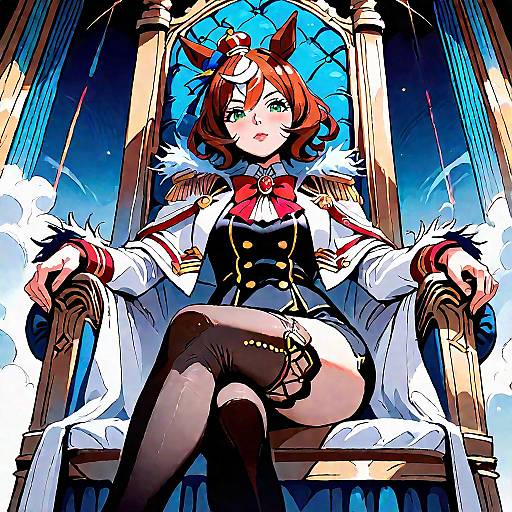 Anime-style digital illustration of a red-haired, green-eyed, busty woman with horns, wearing a regal, black-and-white outfit, seated on a
