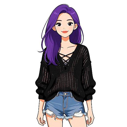 Digital anime-style illustration of a cute, smiling young woman with purple hair, wearing a black lace-up top and blue denim shorts.
