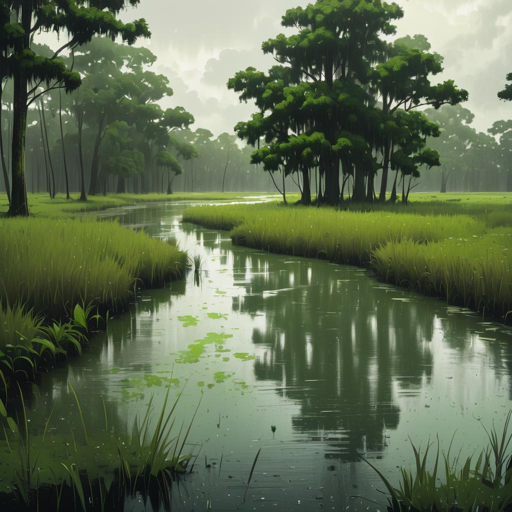 Stylized Marshy Delta in Soft Rain