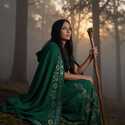 Photograph of a fair-skinned woman with long black hair, green eyes, wearing a green embroidered cloak, sitting in a misty forest, holding