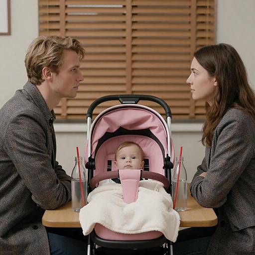 Serious Couple with Baby at Table