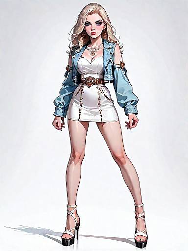 Stylish Woman in White Mini Dress and Denim Jacket