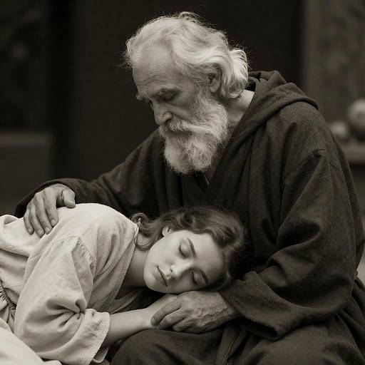 Sepia-Toned Elderly Man Comforting Sleeping Woman