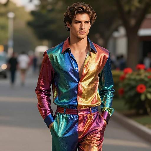 Man in Colorful Metallic Disco Outfit Outdoors
