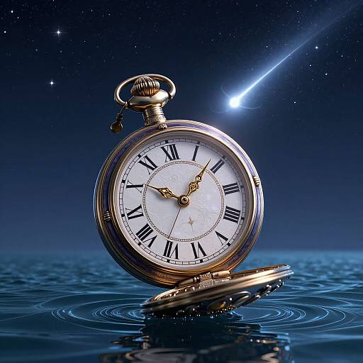 Photograph of a silver pocket watch with black Roman numerals, open on rippling blue water, under a starry night sky with a bright comet