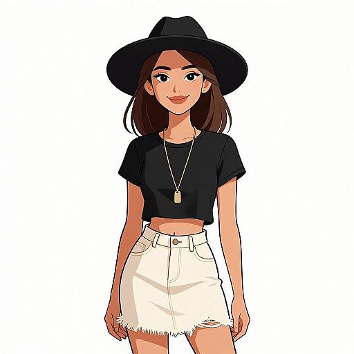 Digital anime-style drawing of a smiling young woman with medium skin tone, black hat, black crop top, white frayed skirt, and dog tags.
