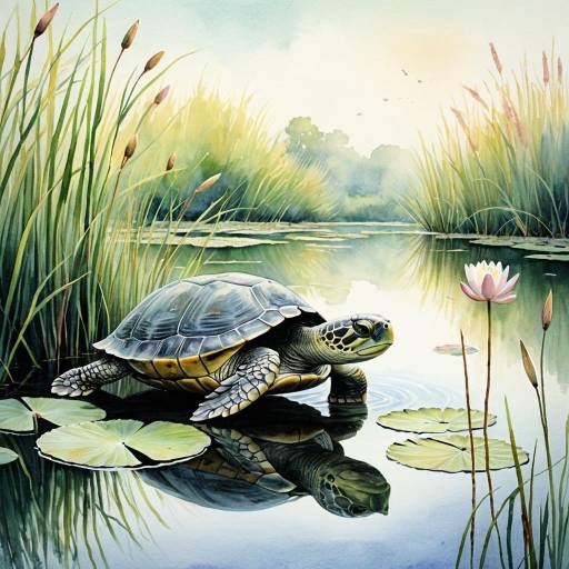 Gentle Turtle by Calm Pond with Water Lilies