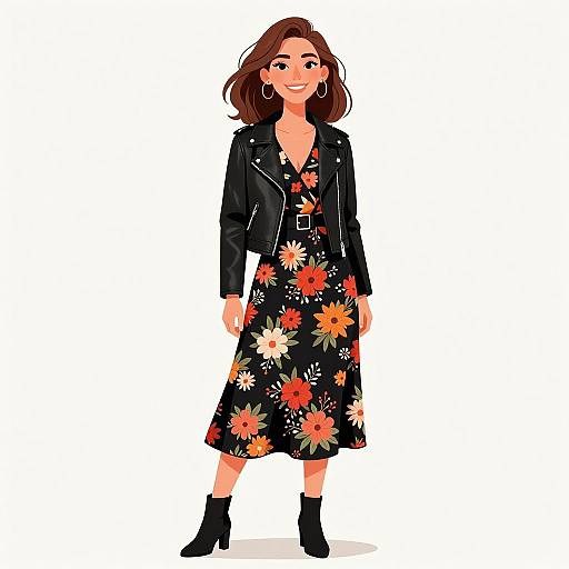 Digital illustration of a smiling woman with brown hair, wearing a black floral dress, leather jacket, hoop earrings, and black ankle boots.