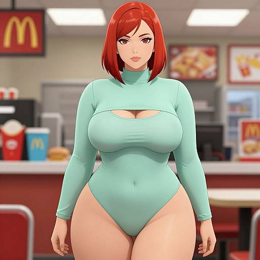 Digital artwork of a curvy red-haired woman with large breasts in a light blue, long-sleeve, high-cut leotard, standing in