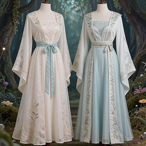 Photograph of two elegant, white and light blue lace dresses with floral embroidery, long sleeves, and light blue sashes, displayed on mannequ