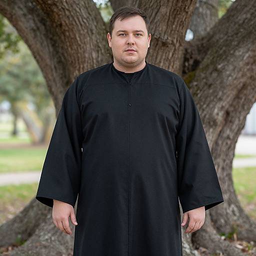 Photograph of a fair-skinned man with short brown hair, dressed in a black robe, standing in front of a large tree in a grassy