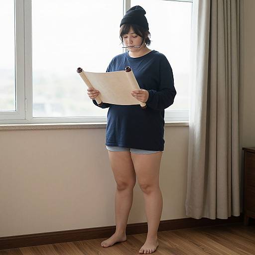Photograph of a young woman with pale skin, black hair in a bun, wearing a navy long-sleeve shirt and denim shorts, standing bare