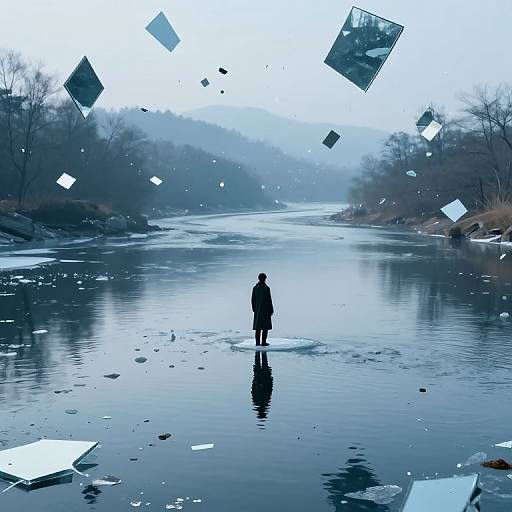 Silhouetted figure in dark coat standing on ice floe in a frozen river, surrounded by floating diamond-shaped fragments, under a misty,