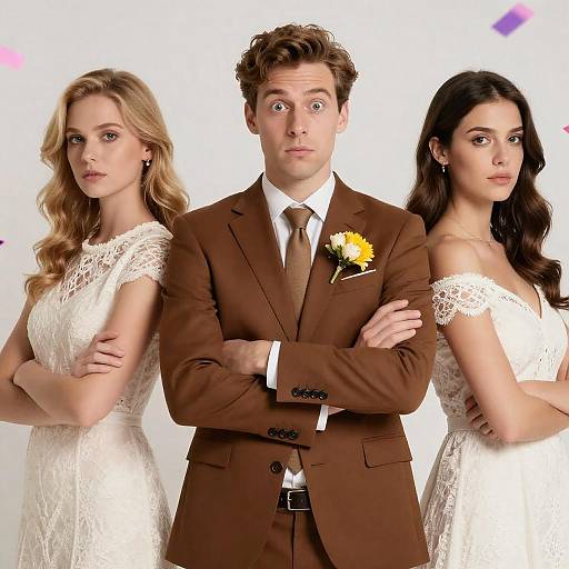 Man and two women in wedding attire standing with crossed arms
