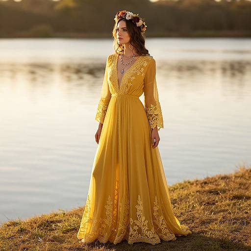Photograph of a brunette woman with a floral headpiece, wearing a long, yellow lace gown with a deep V-neck, standing by a sunlit
