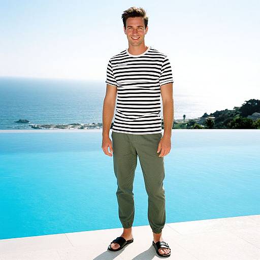 Photograph of a smiling man in a black and white striped shirt, olive pants, and black sandals, standing by a blue infinity pool with a distant