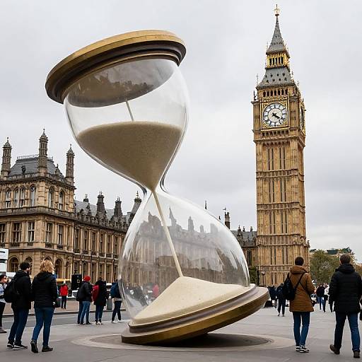 Photograph of a large, modern hourglass sculpture in front of Big Ben, surrounded by people in winter clothing, with historic buildings in the background.